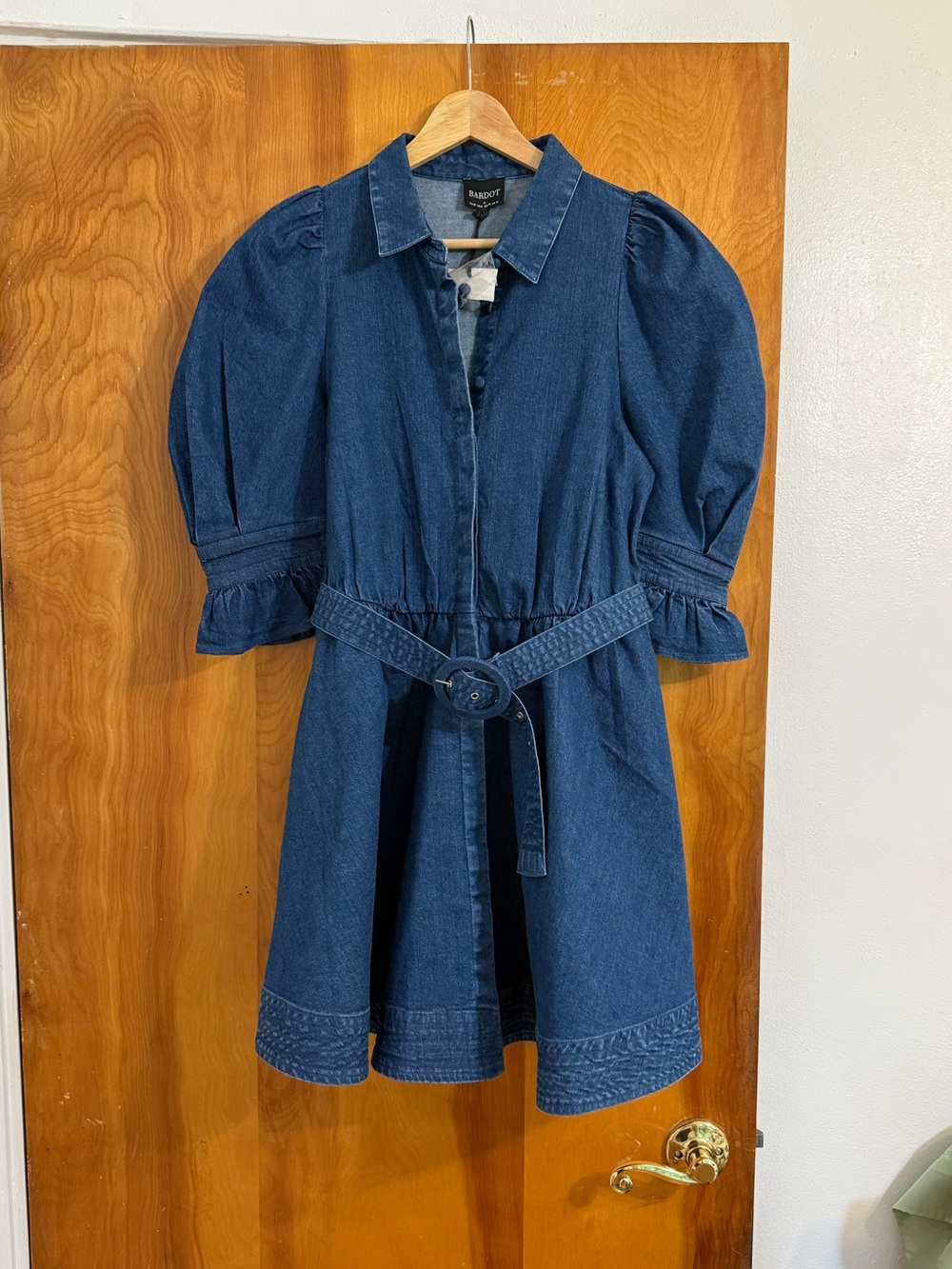 Denim Belted Puff Sleeve Dress